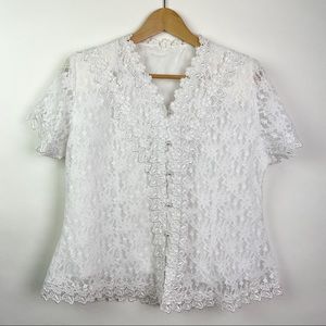 Vintage Lace Shirt Cottagecore Button Down Pearl Short Sleeve Floral